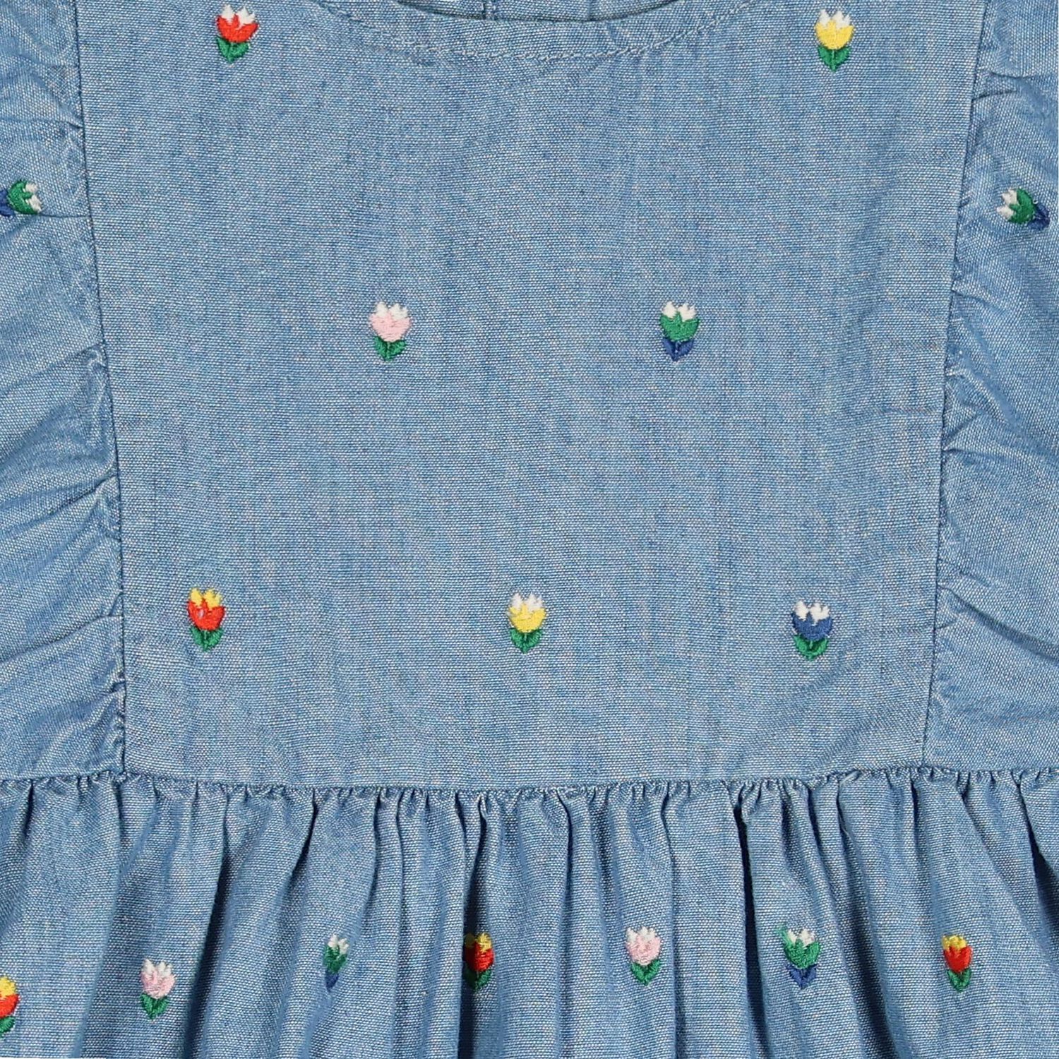 Younger Girls Denim Blue Floral Dress               , 1, hi-res
