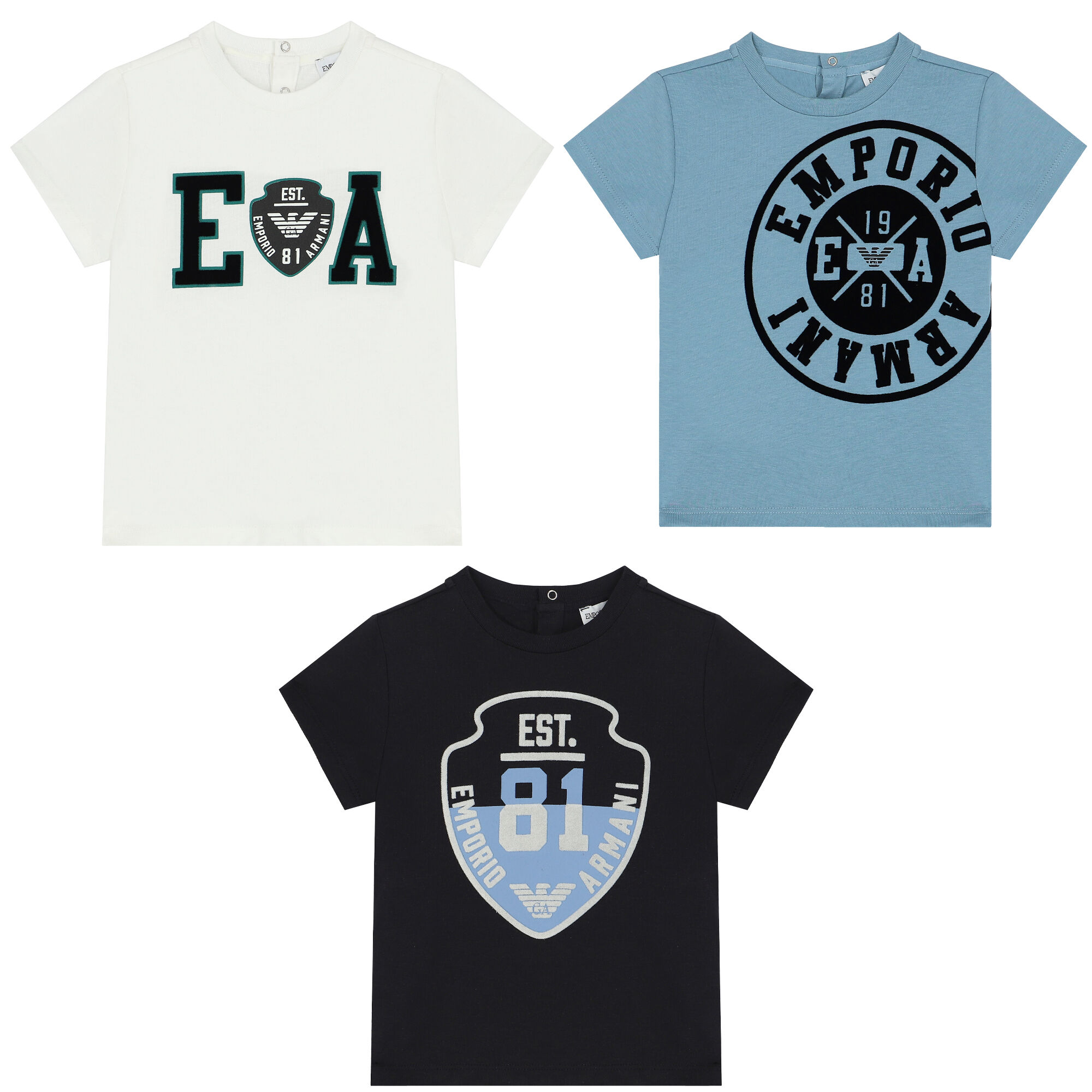 Emporio Armani Younger Boys Navy Ivory Blue Logo T Shirts 3 Pack Junior Couture UAE
