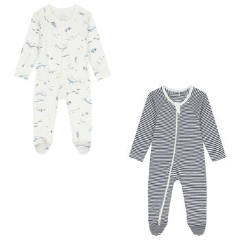 Baby Boys White & Navy Blue Babygrows ( 2 Pack )
