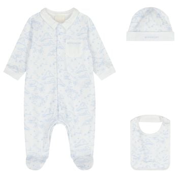 Baby Boys White & Blue Toile De Jouy Babygrow Gift Set