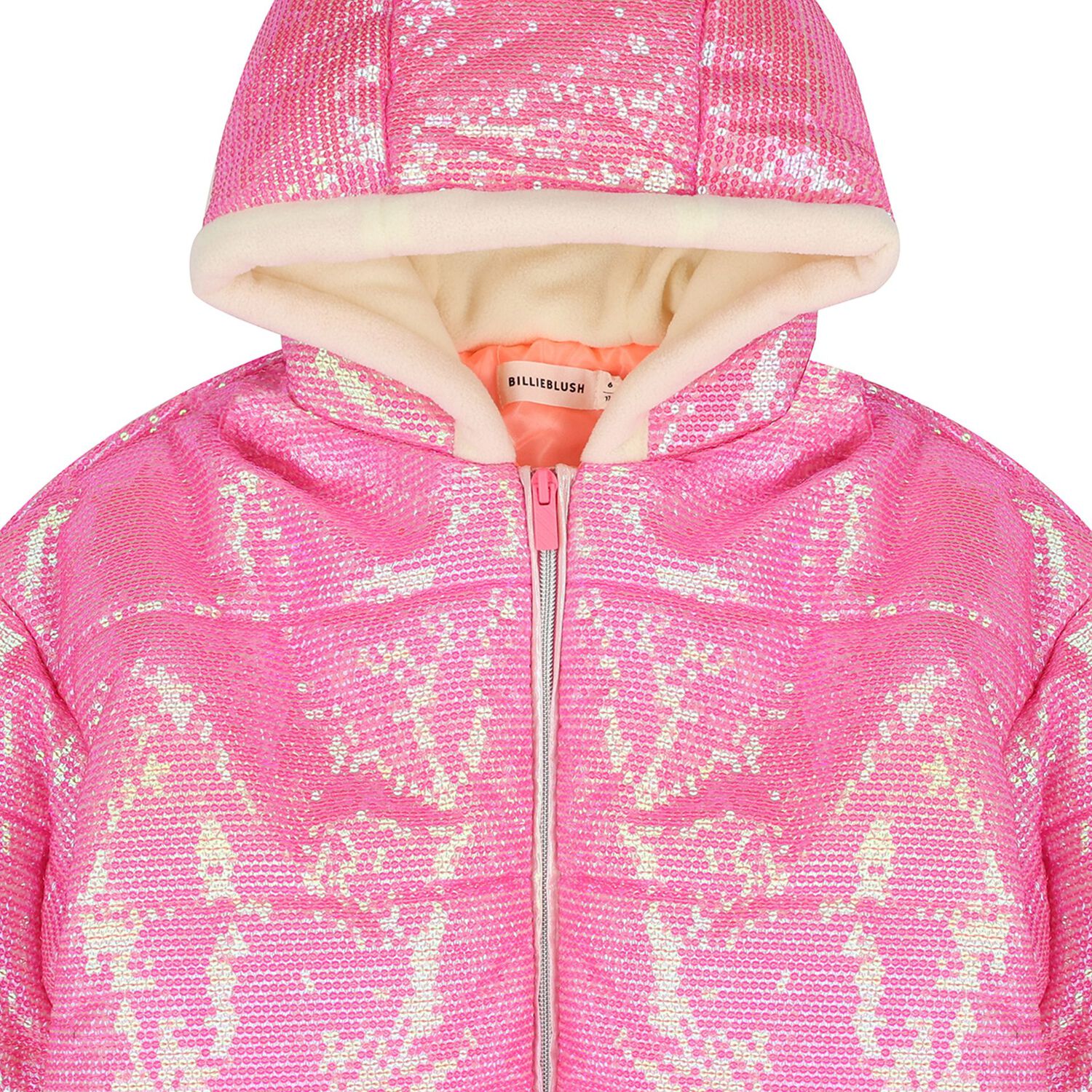 Girls Pink Hooded Sequin Puffer Jacket, 1, hi-res