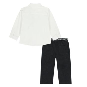 Younger Boys White & Black Denim Trousers Set