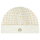 Ivory & Gold Logo Babygrow & Hat Set, 3, hi-res