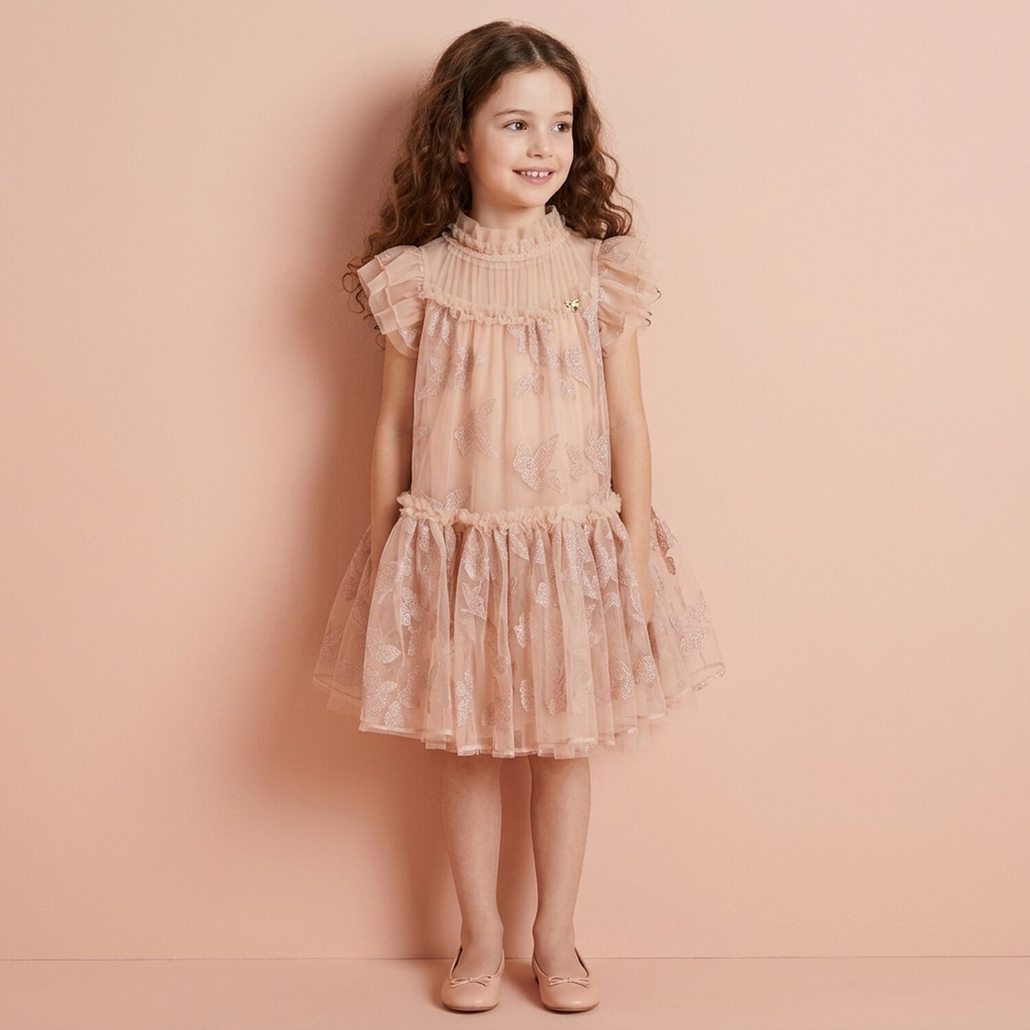 Girls Pink Embroidered Tulle Dress, 2, hi-res