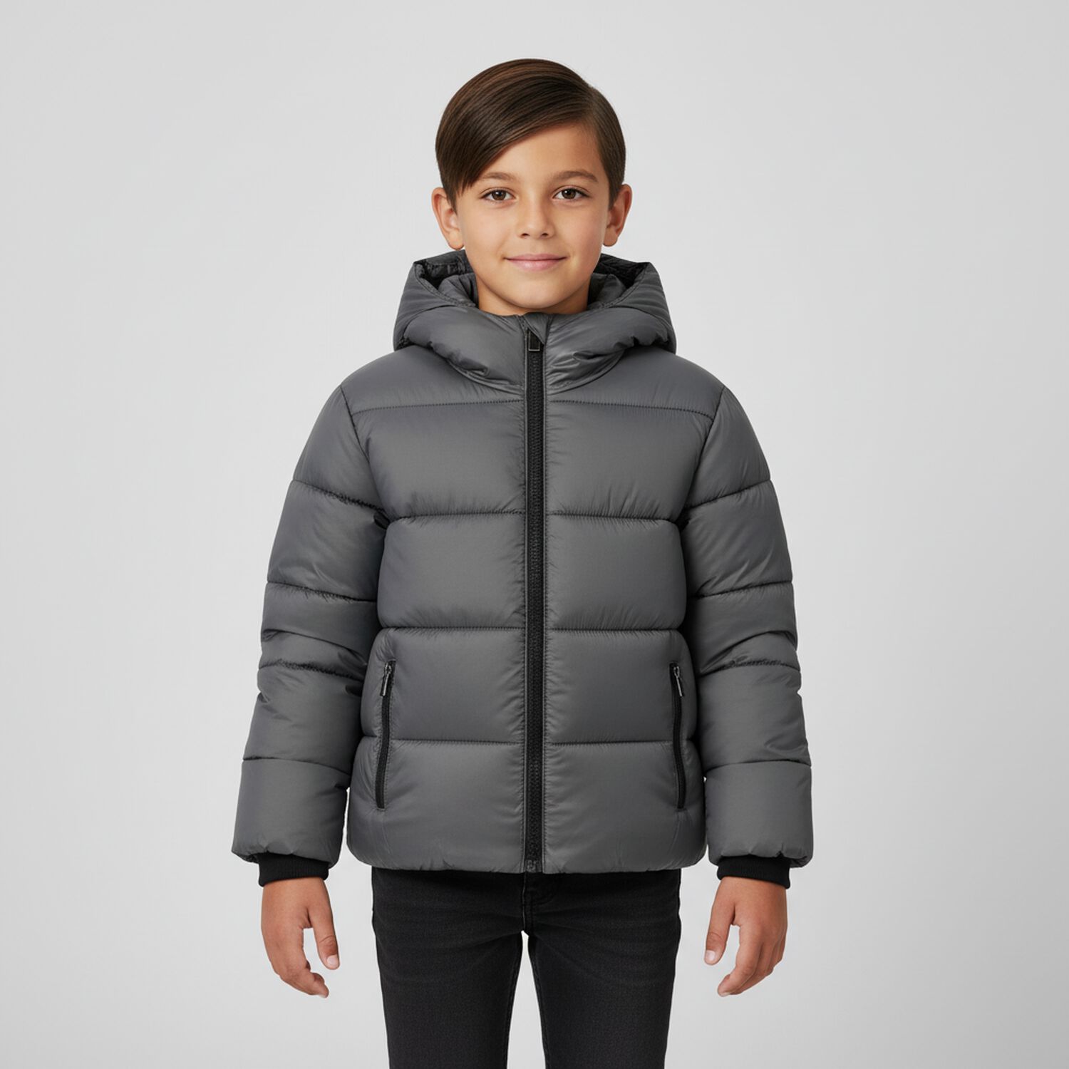 Boys Grey Puffer Coat, 1, hi-res