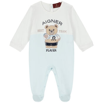 Baby Boys White & Blue Teddy Bear Babygrow