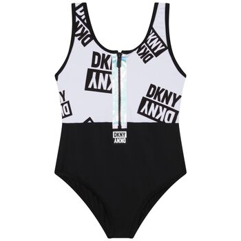 Girls White & Black Logo Swimsuit