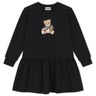 Girls Black Teddy Bear Logo Dress, 3, hi-res