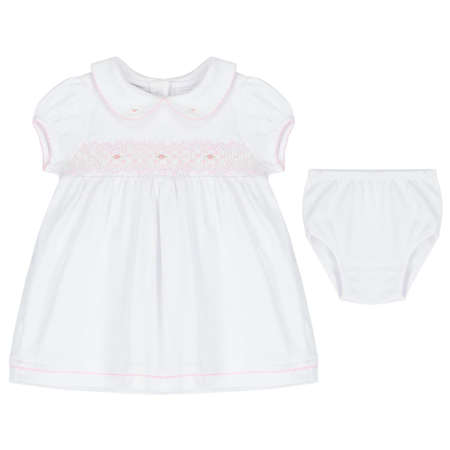Baby Girls White and Pink Smocked Dress, 1, hi-res image number null