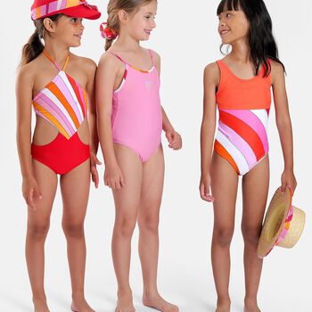 ملابس سباحة للبنات باللون البرتقالي والوردي