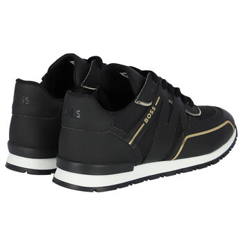 حذاء رياضي بالشعار باللون الأسود والذهبي للأولاد