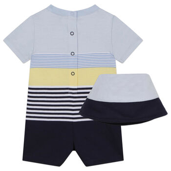 Baby Boys Blue Striped Logo Romper & Hat Set