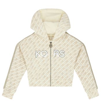 Girls Beige Logo Hooded Zip Up Top