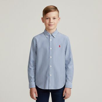 Boys White & Blue Striped Logo Shirt