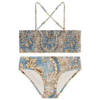 Girls Beige & Blue Floral Bikini