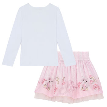 Girls White & Pink Teddy Skirt Set