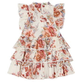 Girls Ivory & Pink Floral Tiered Dress
