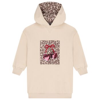 Girls Beige Embellished Cherry Hooded Sweatshirt Dress