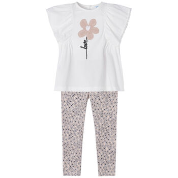 Girls Ivory & Beige Leggings Set
