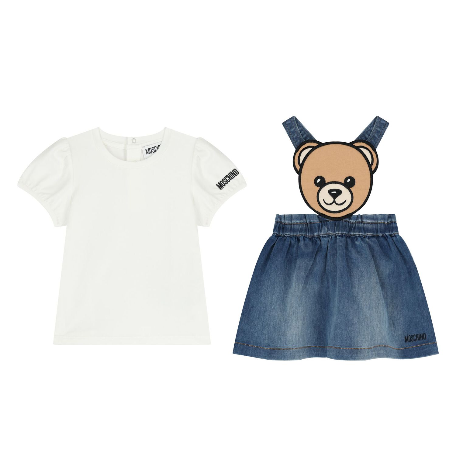 Younger Girls White & Blue Teddy Bear Skirt Set, 1, hi-res