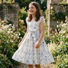 Girls White & Navy Blue Bow Dress, 1, hi-res