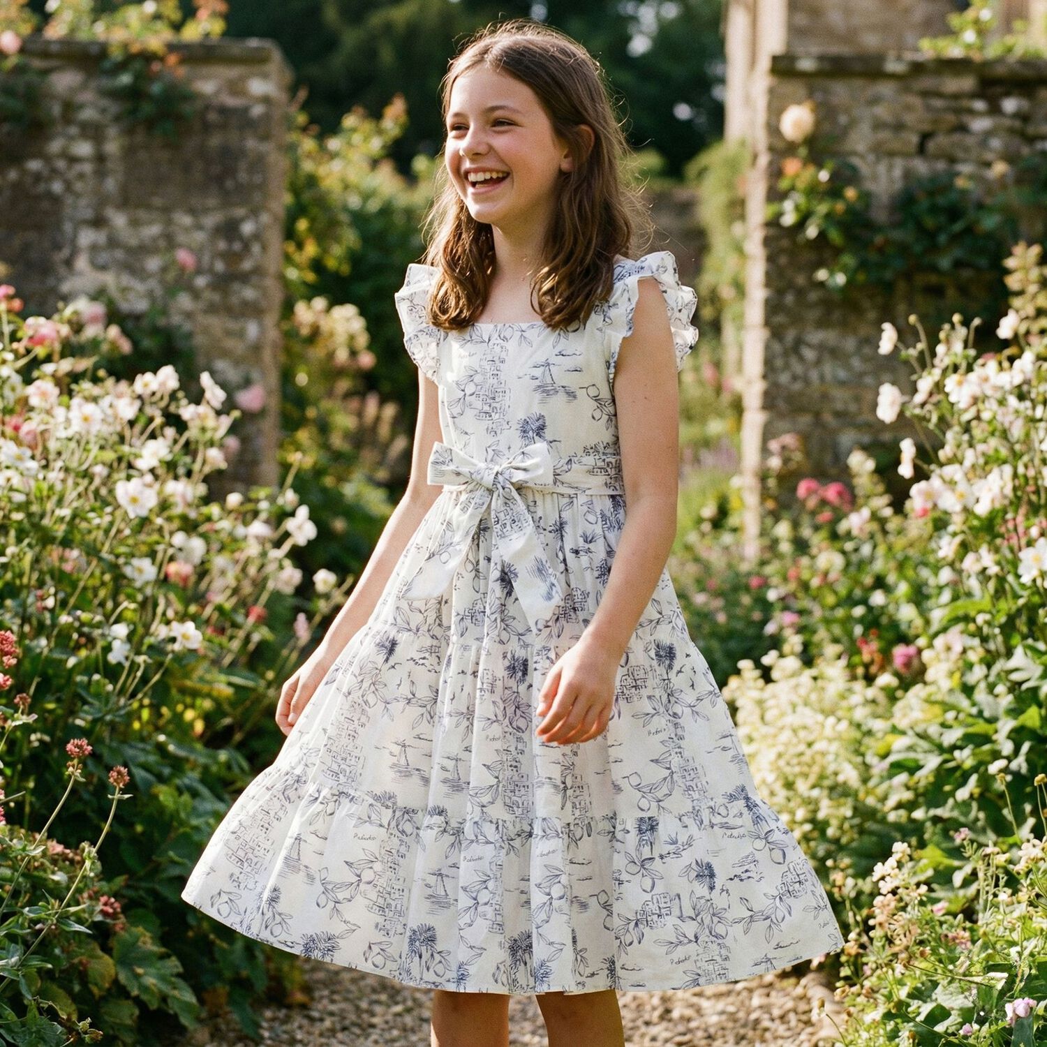 Girls White & Navy Blue Bow Dress, 1, hi-res