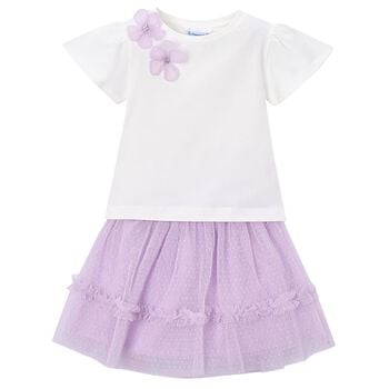 Girls White & Lilac Floral Tulle Skirt Set
