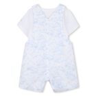 Baby Boys White & Blue Toile de Jouy Dungaree Set, 1, hi-res