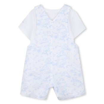 Baby Boys White & Blue Toile de Jouy Dungaree Set