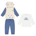 Baby Boys Beige, White & Blue 3 Piece Tracksuit, 1, hi-res