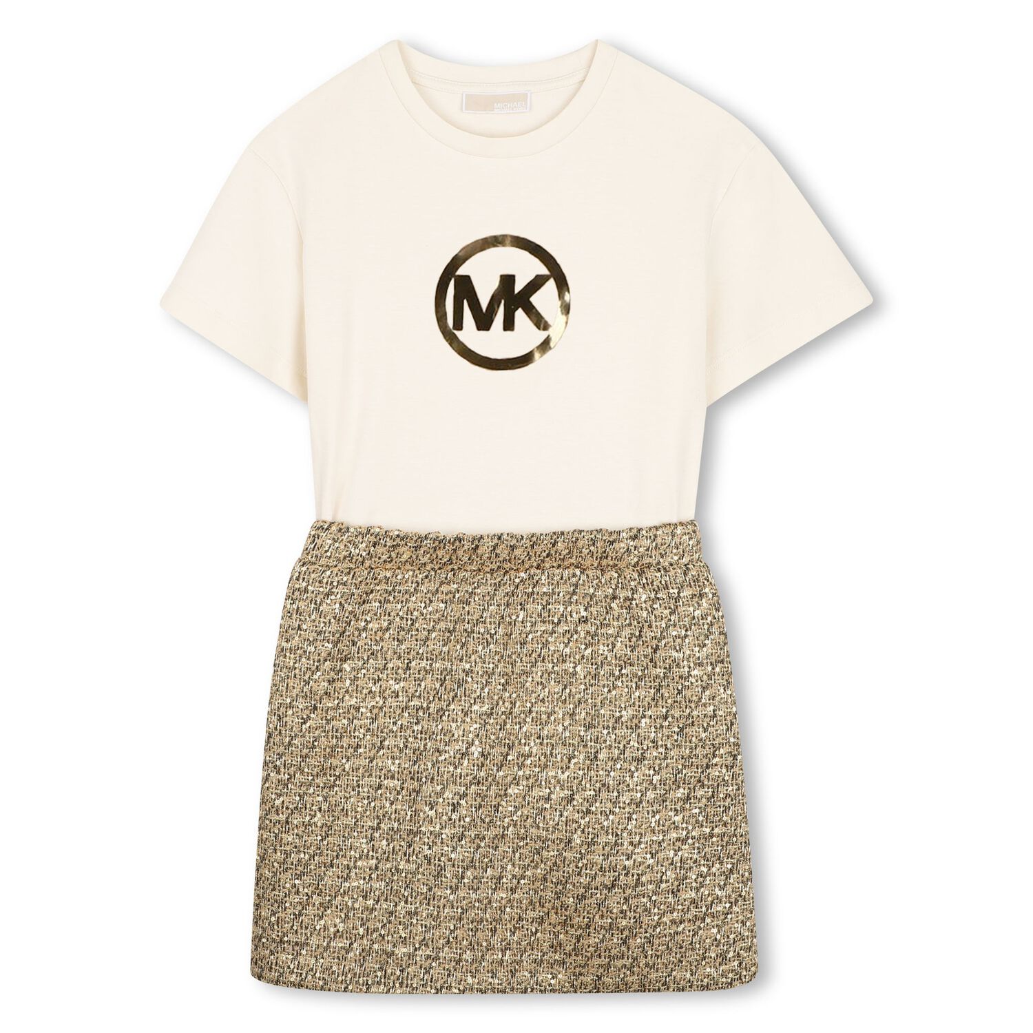 Girls Ivory & Beige Logo Dress, 1, hi-res
