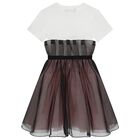 Girls White & Black Organza Dress, 1, hi-res