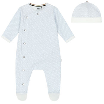 Boys White & Blue Monogram Babygrow & Hat Gift Set