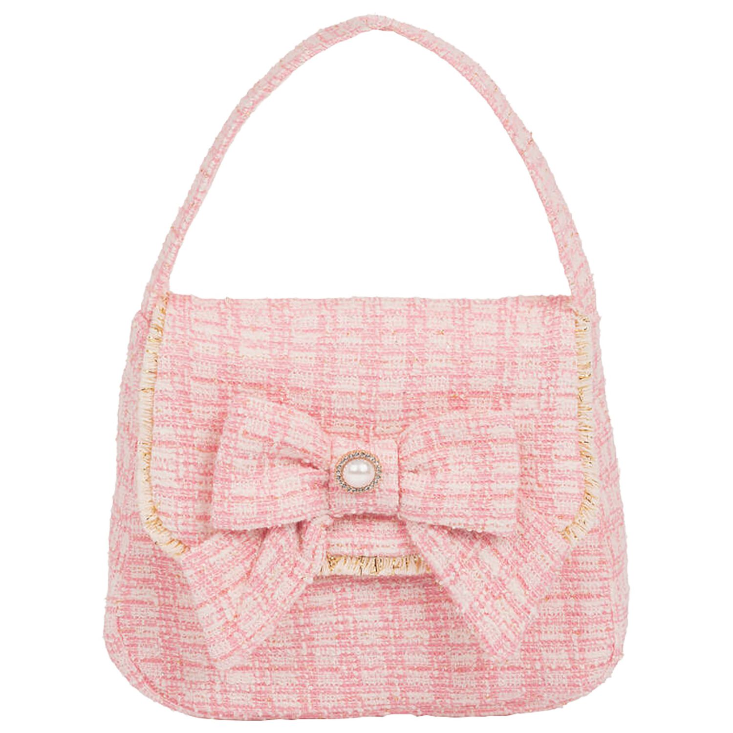 Girls Pink Bow Tweed Handbag, 1, hi-res