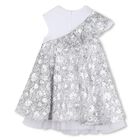 Girls White & Silver Logo Sequinned Organza Dress , 1, hi-res