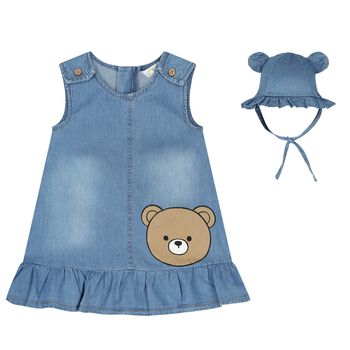 Baby Girls Blue Chambray Bear Dress & Hat Set
