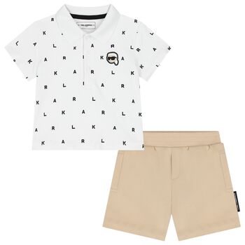 Boys White & Beige Logo Shorts Set