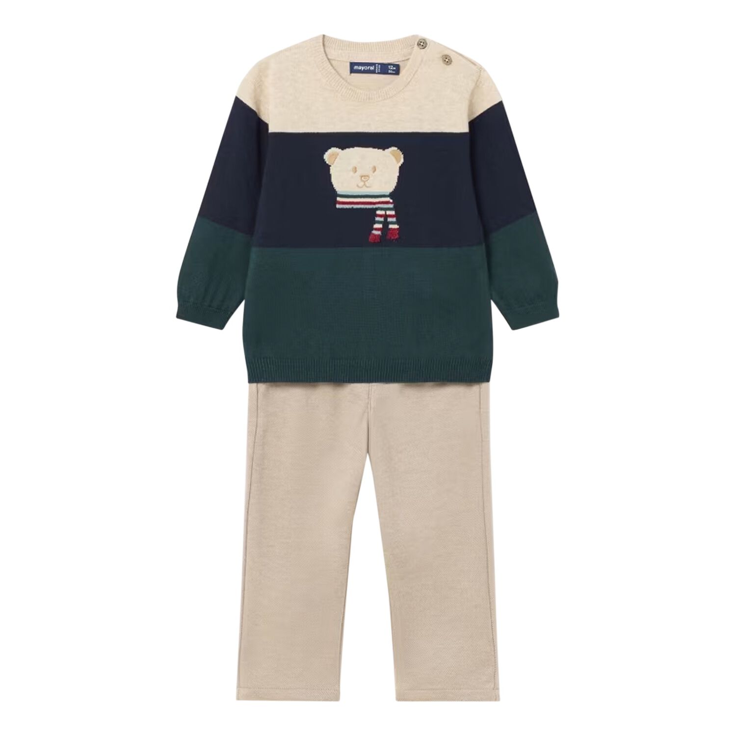 Younger Boys Beige Teddy Bear Trouser Set, 1, hi-res