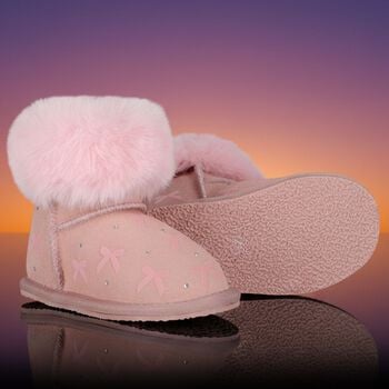 Girls Pink Suede Leather Bow Boots