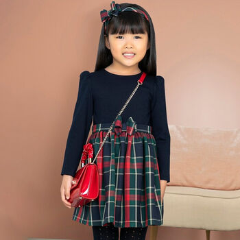 Girls Navy Blue & Red Tartan Dress