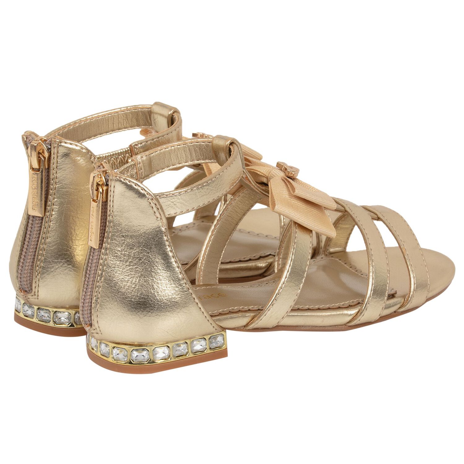 Girls Gold Diamante Bow Sandals, 1, hi-res