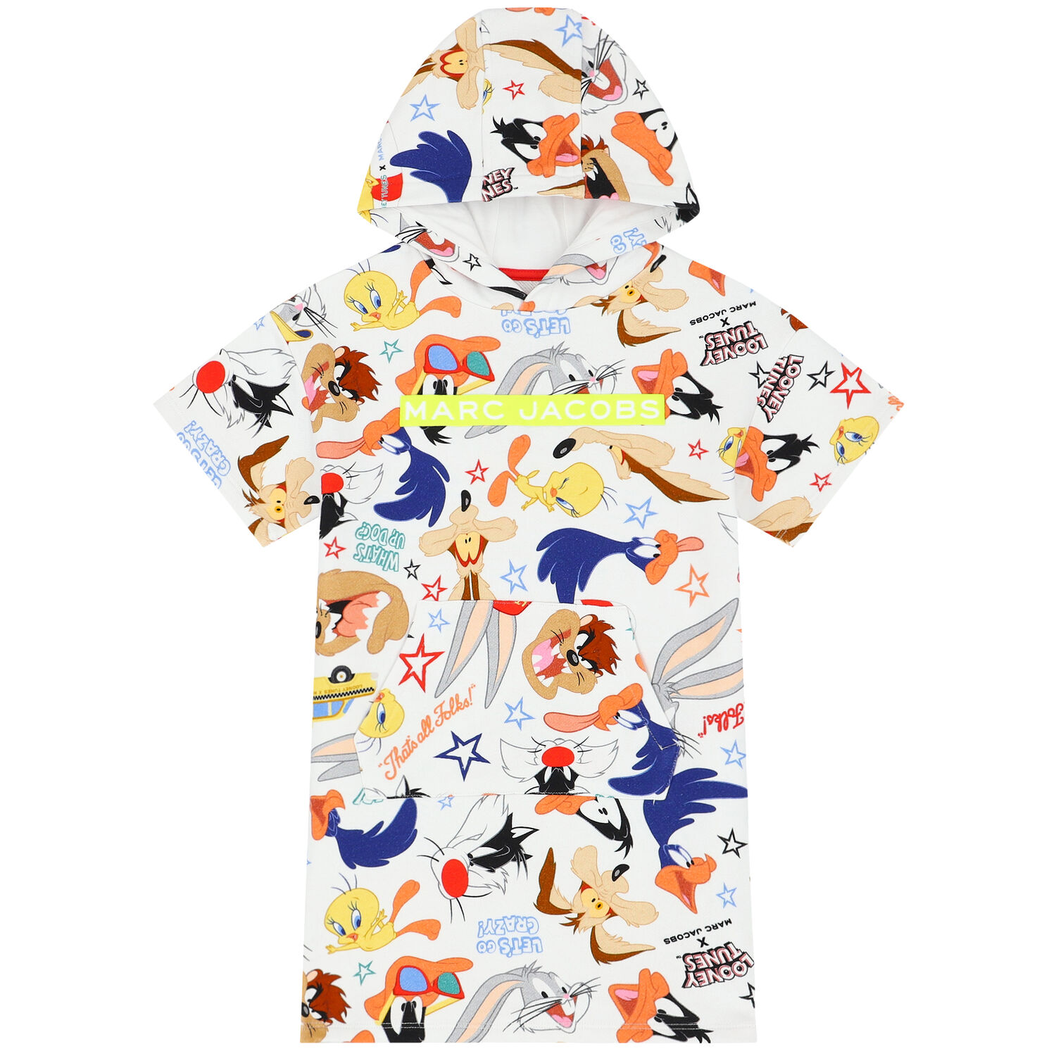 Girls White Looney Tunes Hooded Dress, 1, hi-res