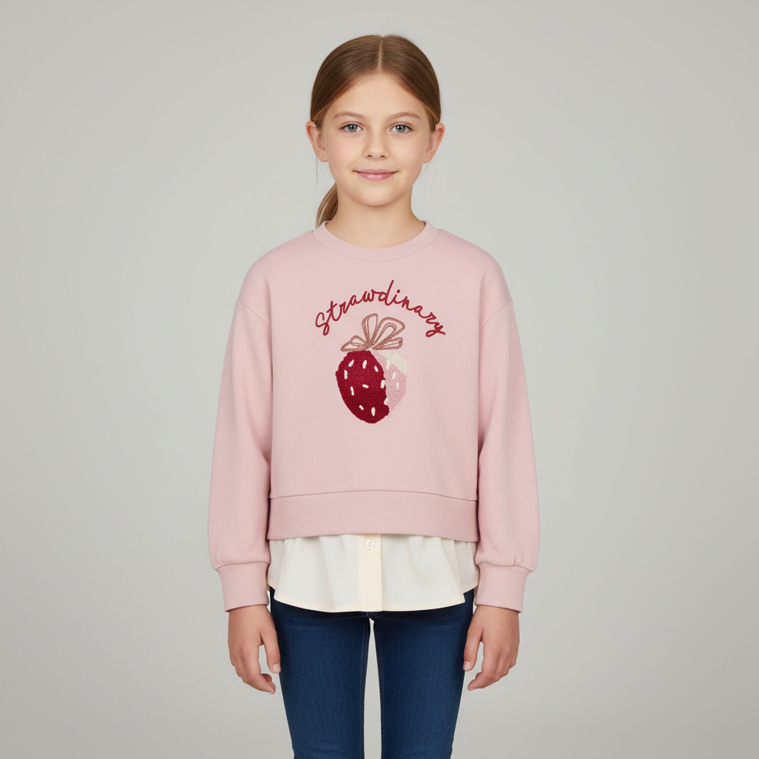 Girls Pink & Ivory Strawberry Sweatshirt, 1, hi-res image number null