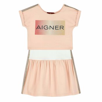 فستان قطعتين باللون الزهرى والابيض للبنات