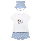 Baby Boys White & Blue  Striped Shorts & Hat Set , 1, hi-res
