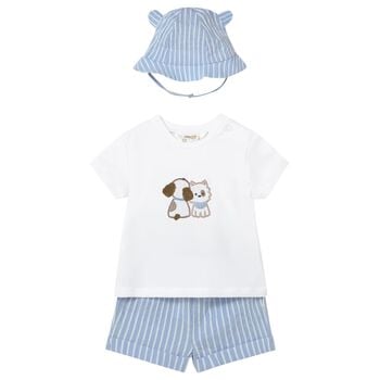 Baby Boys White & Blue  Striped Shorts & Hat Set 
