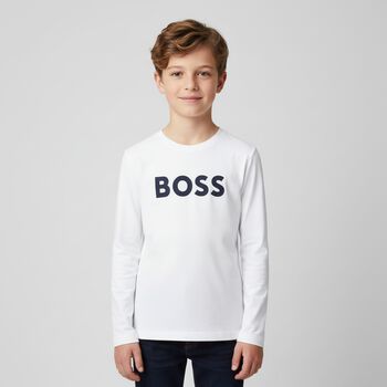 Boys White Logo Long Sleeve Top