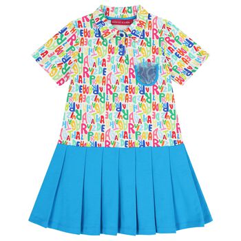 Girls White & Blue Logo Pleated Dress
