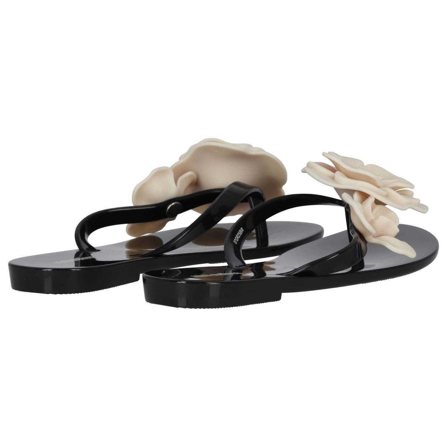 Girls Black & Beige Logo Flower Flip Flops, 2, hi-res