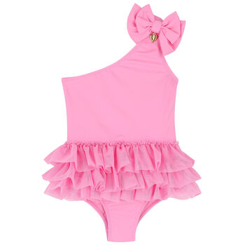Girls Pink One-Shoulder Tulle Frills Swimsuit